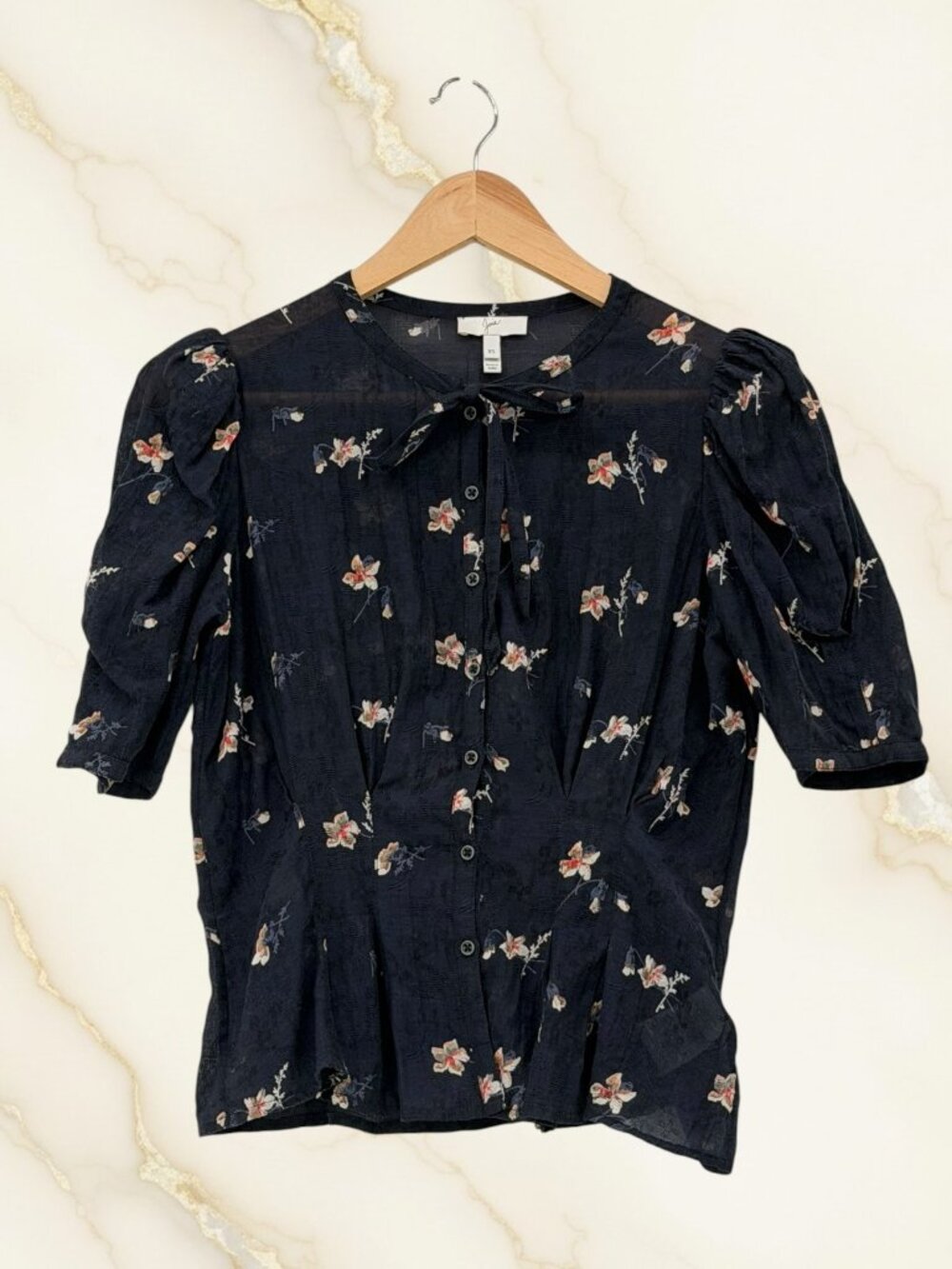 Joie Black Painted Floral Short Sleeve Necktie Blouse XS